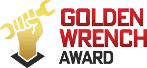 Golden Wrench Award logo featuring a hand holding a wrench in gold and the text Golden Wrench Award on the right.